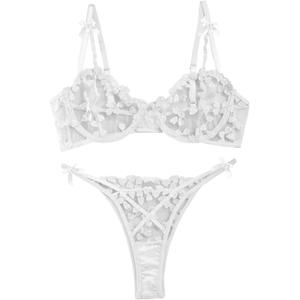 Lilosy Sexy Underwire Cute Push Up Strappy Embroidered Mesh Sheer Lingerie Set See Through Panty Bra (Medium, Bow White)