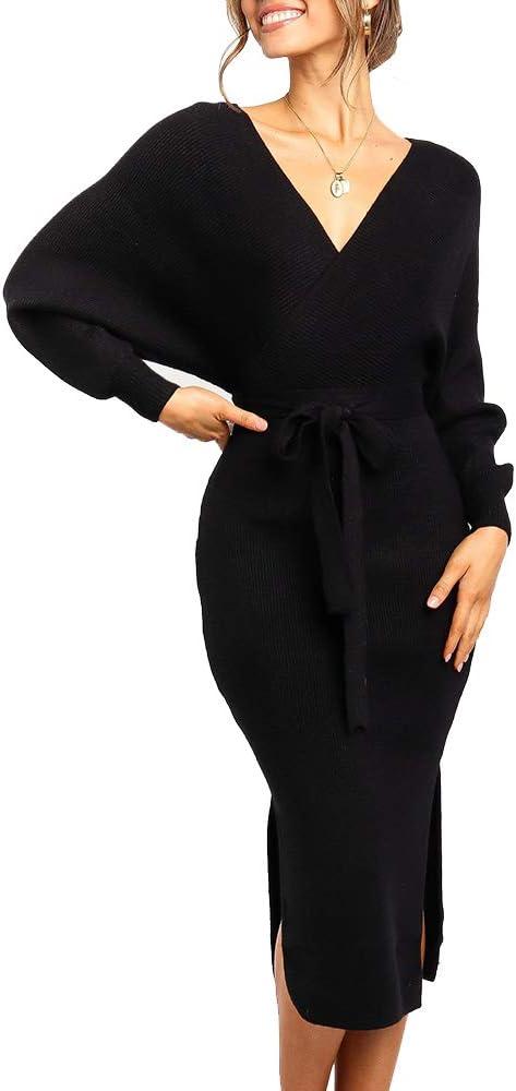 Chang Yun Women's Long Maxi Sweater Dresses Sexy Wrap Batwing V Neck Slit Open Back Holiday Bodycon Dress with Belt (1-Black, Small)