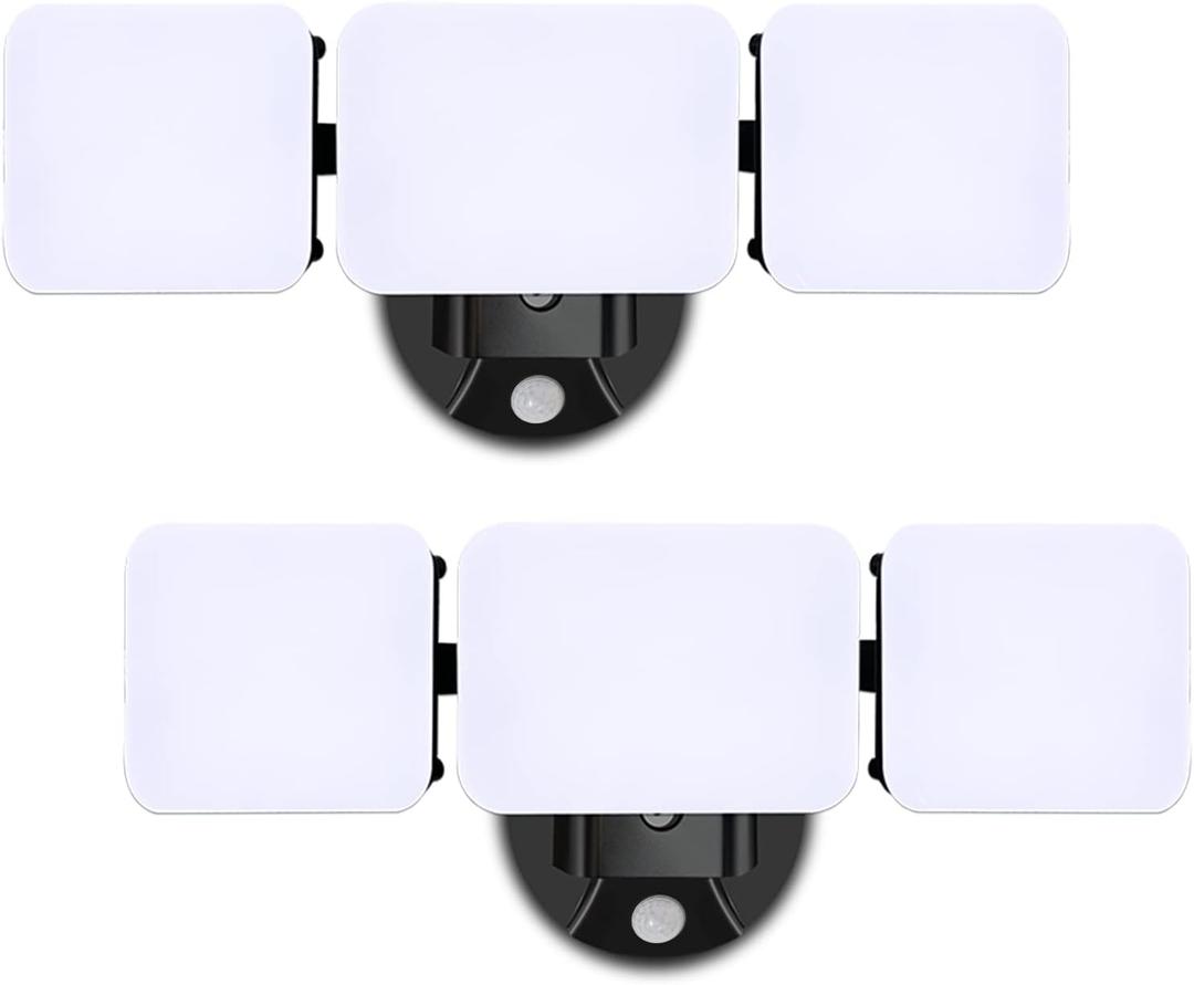 EMANER Outdoor Motion Sensor Floodlights, Dusk to Dawn Auto On at Night When Motion Detected, Security Light 4500lm 120V, 5000K 3-Head Frosted Lens, Motion Light for Driveway Patio (2-Pack) (Black)