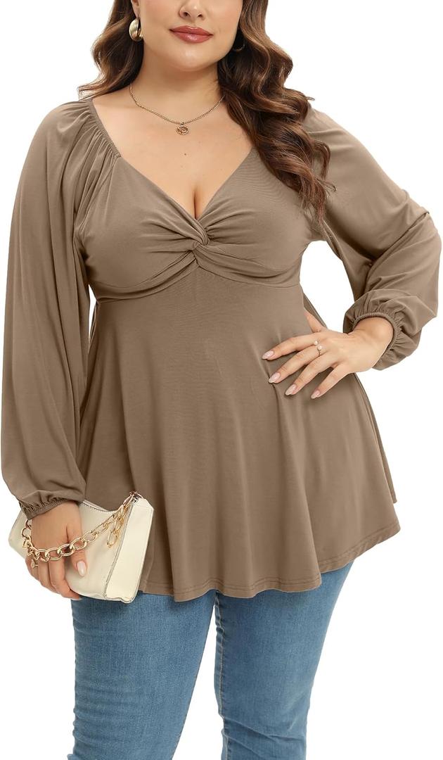 Womens Plus Size Tops Long Sleeve Twist Knot V Neck Shirts Casual Loose Tunic Blouse Fall and Winter (XXXL)