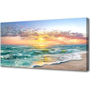 Ocean Beach Pictures for Wall Decor- Wall Art for Living Room Large Size Above Bed- Framed Teal Blue Beach and Sand Pictures Canvas Print Art for Bedroom Home Office Wall Dcor 48"x24" (47.3"L x 23.6"W)