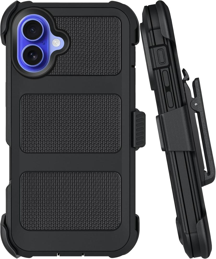 Belt Clip Holster Compatible with iPhone 16 Plus Defender Case with 360° Rotating Stand - Heavy Duty Protection Anti-Drop Shockproof, Black