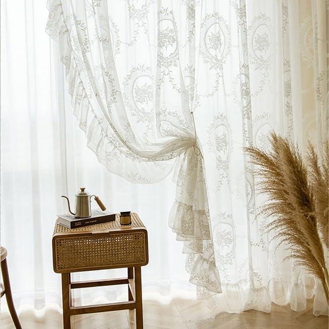 Retro French Princess Style Floral Embroidery Sheer Lace Curtain with Ruffle for Bedroom Living Room Rod Pocket Top 2 Panels (White,W79 x L102 inch - 2 Panels)