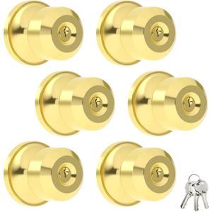 6 Pack Entry Gold Door Knob with Lock, Gold Door Handles Interior for Bedroom or Bathroom, Heavy Duty Door Knob with Door Handles for Left Right Sided Doors
