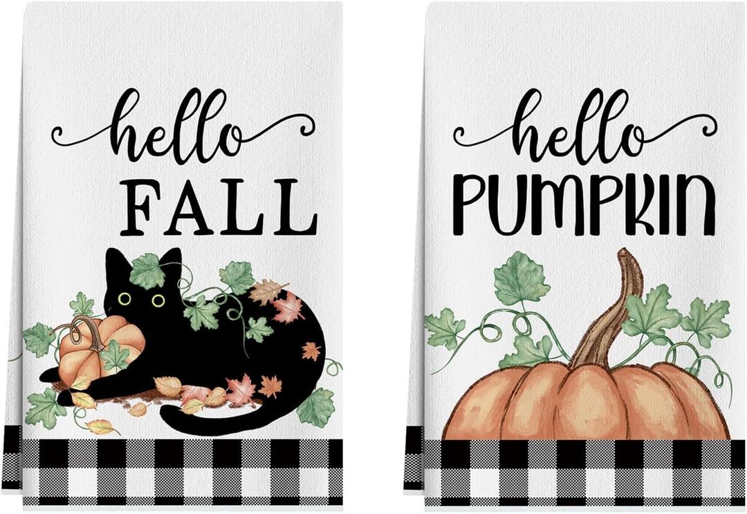 XCHI Fall Cute Black Cat Pumpkin Plaid Autumn Harvest Dish Towels 18x26 Inch Hand Kitchen Towels Dishcloth Home Decorations Set of 2 XCHI Fall Cute Black Cat Pumpkin Plaid Autumn Harvest Dish Towels 18x26 Inch Hand Kitchen Towels Dishcloth Home Decorations Set of 2