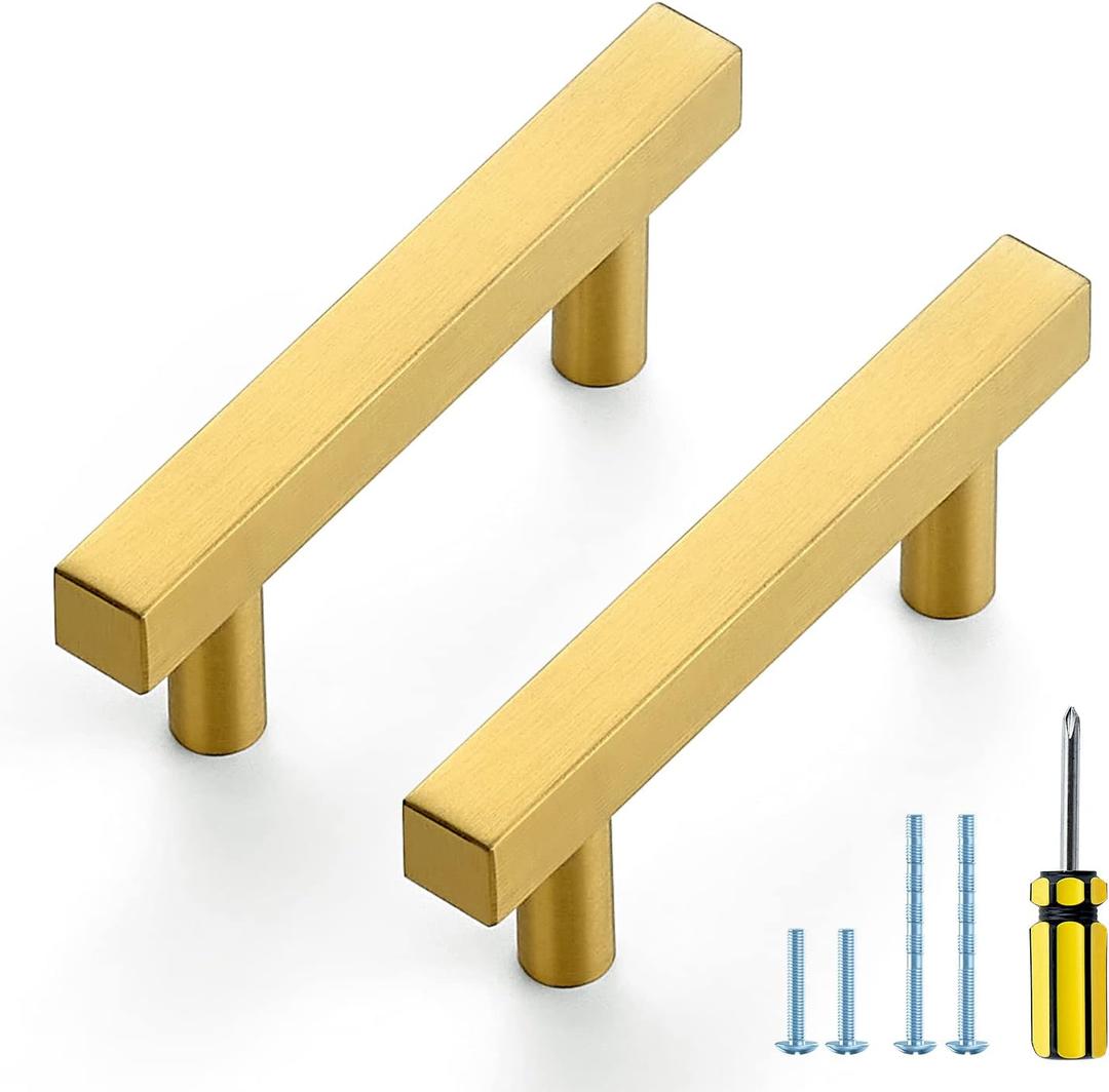 Ravinte 5 Pack Gold Cabinet Handles 2-1/2 Inch Brushed Brass Square Cabinet Pulls Gold Hardware for Kitchen Cabinets - 4 Inch Total Length