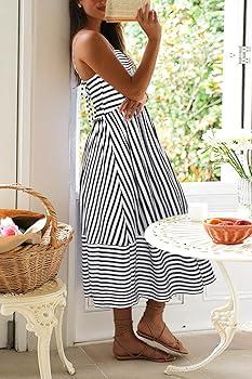 Colysmo Women's Summer Maxi Dresses 2025 Trendy Striped Vacation Boho Beach Spaghetti Strap Sundress Back Tie with Pockets, S