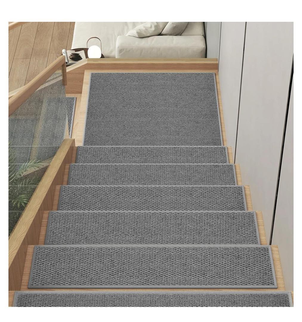 15PC Stair Treads Non-Slip Washable Peel and Stick Stair Treads for Wooden Steps Indoor Reusable Stair Carpet Treads Adhesive Stair-Runner Rugs for Kids and Dogs Elder（8"x30" Gray）