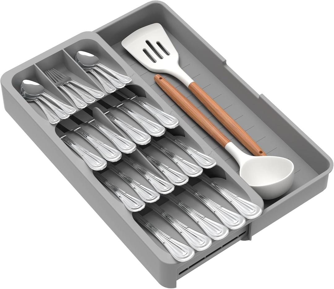 Kitchen Utensil Drawer Organizer, Expandable Silverware Organizer, BPA Free Small Cutlery Holder, Grey