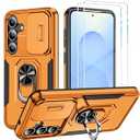 for Samsung Galaxy S25 Case with Screen Protector, Slide Camera Lens Cover, for Samsung S25 with Ring Stand, Heavy Duty Shockproof Full Body Protective Case for Galaxy S25 (Orange)