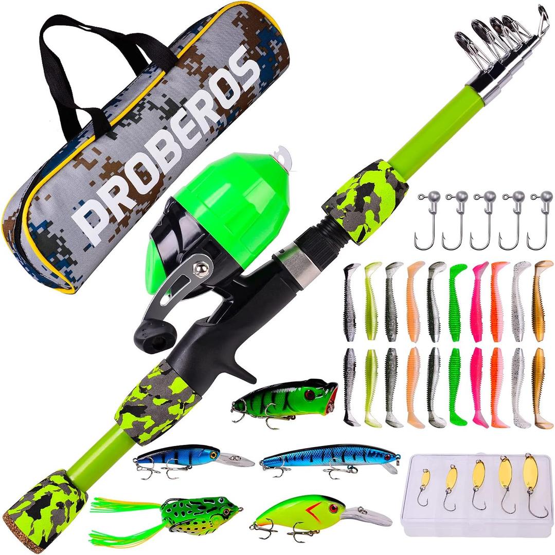 PROBEROS Kids Fishing Pole - Portable Telescopic Fishing Rod and Reel Combo Kit - Spincast Fishing Reel Casting Rods with Lures Lines Tackle Box and Bag for Boys Girls Youth Fishing (1.8M/5.9Ft, Green)