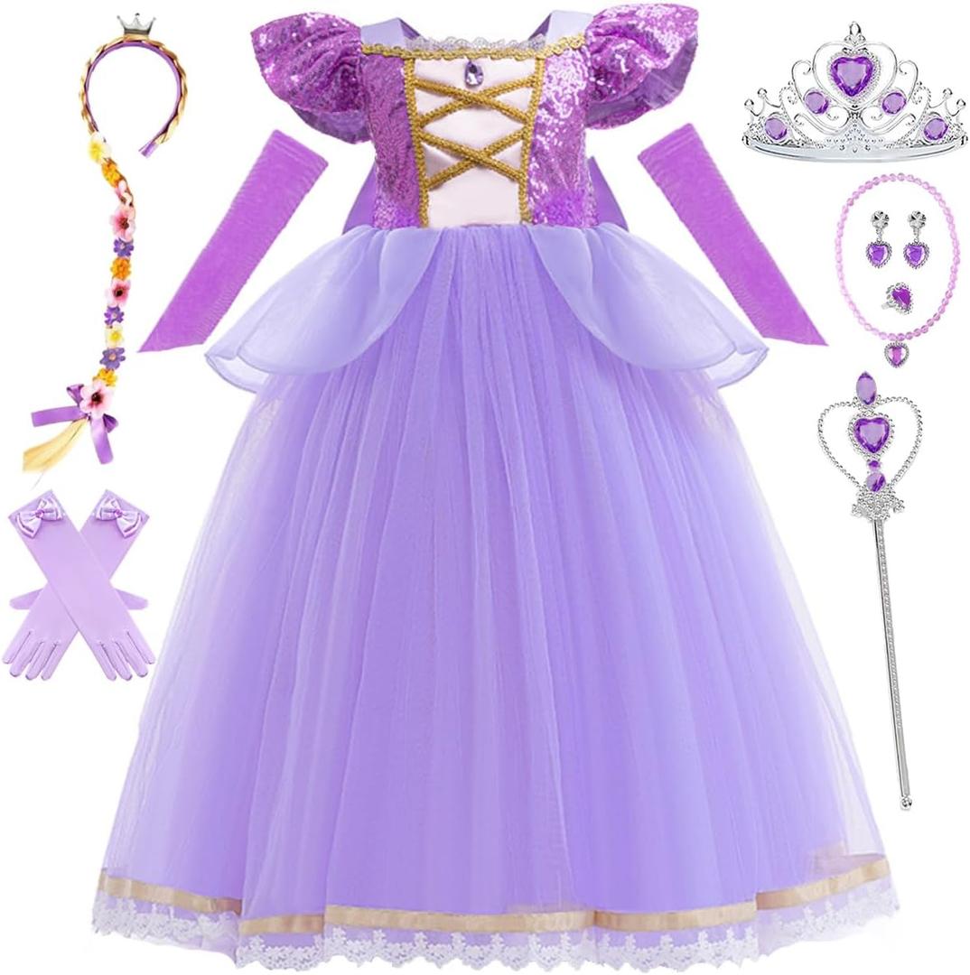 Rapunzel Dress for Girls Toddler Purple Princess Costume for Halloween Birthday Party Cosplay (6-7Y)