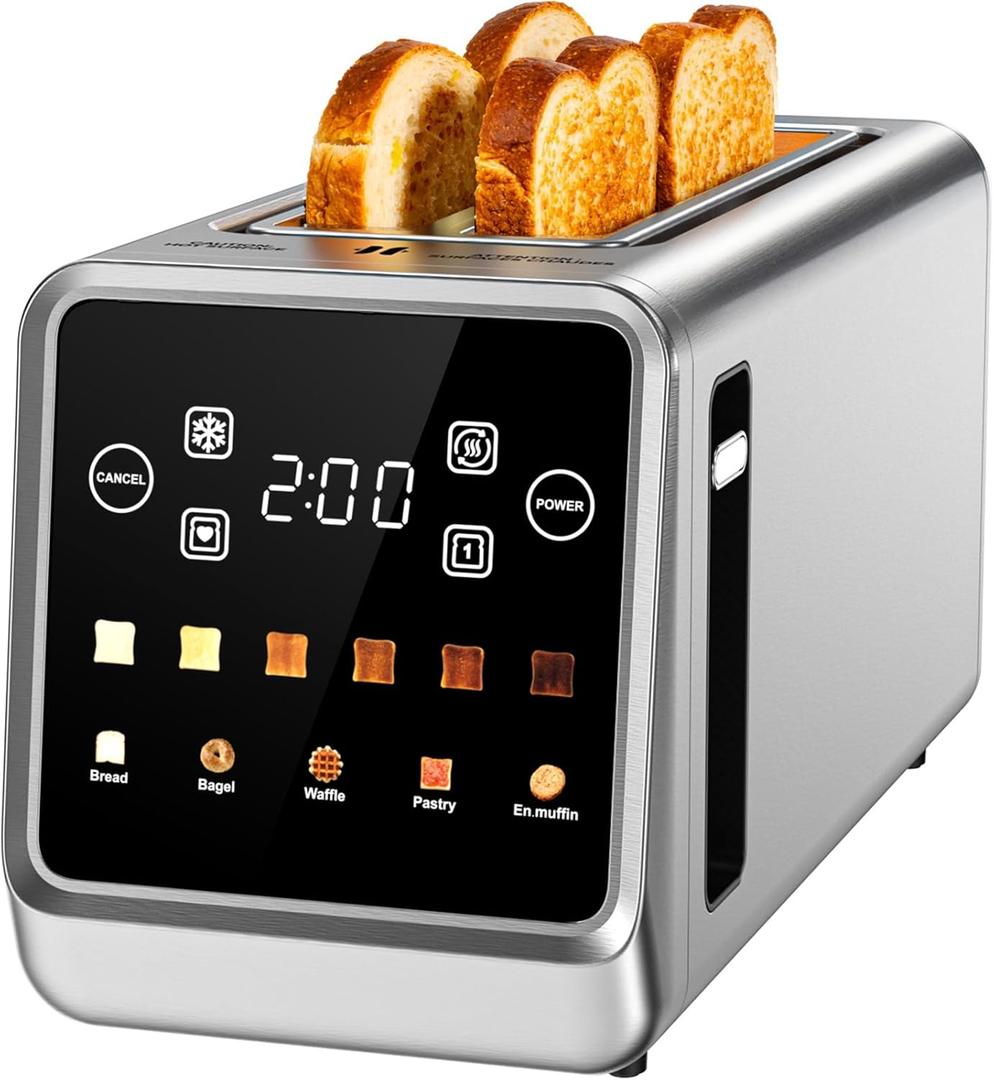 Toaster 4 Slice Long Slot for Bagels & Artisan Bread, Digital Smart Touch Screen with Memory Function & Single-Slice Modes | 6 Toast Settings & 5 Bread Types | Defrost & Reheat | Stainless Steel