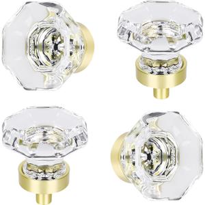 Clear Glass Crystal Cabinet Knobs Satin Brass, Gold Pulls and Knobs for Cabinet Dresser Drawer(4 Pcs, Octagon)