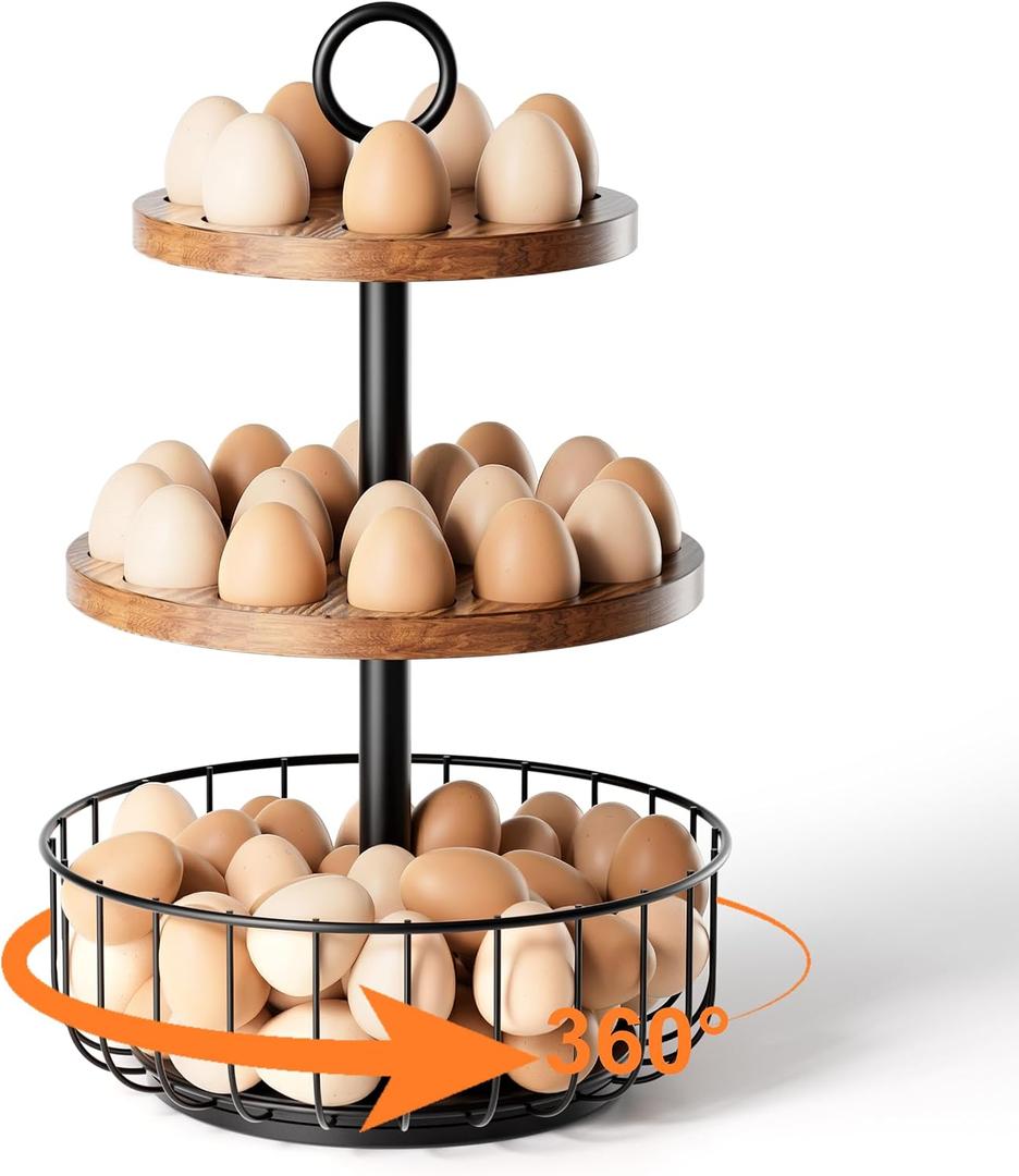 3-Tier 360 Rotating Egg Holder with 24+40 Egg Capacity - Rustic Farmhouse Kitchen Counter Organizer, Tiered Egg Storage Rack with Ventilated Wooden Trays & Metal Basket for Easter Eggs, Fresh Eggs