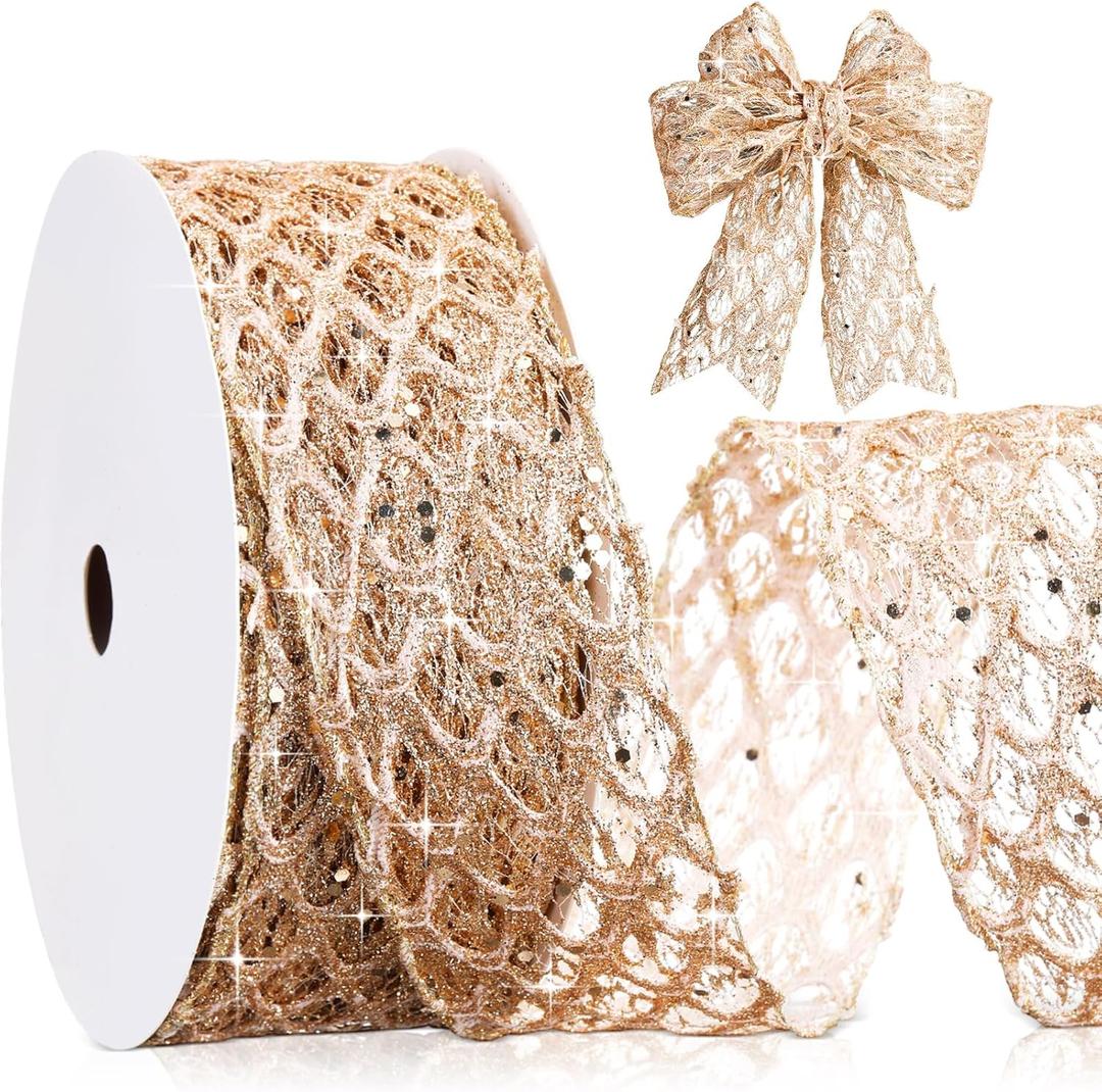 Geosar 20 Yards Champagne Gold Glitter Mesh Wired Ribbon for Wedding Decor, Valentines Gift Wrapping, Flower Bouquet Wrapping, DIY Craft, Christmas Tree Decoration (2.5 Inch)