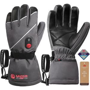 SAVIOR HEAT Heated Gloves for Men Women, Rechargeable Electric Heated Leather Skiing and Snowboarding Gloves (Small, Grey)