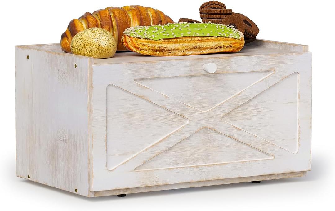 Trironsun Bamboo Bread Box for Kitchen Counter Farmhouse Bread Storage Container Large Capacity Bread Storage Bin Bread Holder (Antique White)