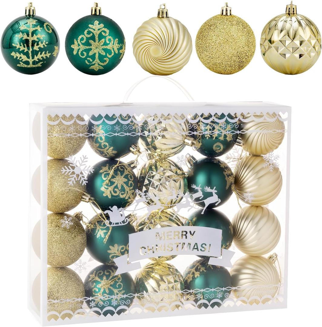 Christmas Tree Decoration Ball Set - 20 Pieces of shatterproof Multi-Colored Christmas Tree Decorations, 2.36 inches Hanging Balls, Festive Party use (Golden+Green)