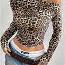 Floerns Women's Leopard Print Asymmetrical Neck Crop Tops Ruched Long Sleeve Tee Shirts (L)