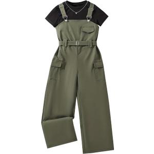 Girls Overalls Short Sleeve Top and Casual Wide Leg Jumpsuit 2 Pieces Outfits (11-12 Years, Army Green)