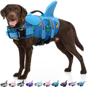 Bess Bridal Dog Life Jacket - Shark Life Vest for Swimming Boating - Reflective Lifejacket Swimsuit for Small Medium Large Dogs - High Buoyancy Lifesaver Preserver with Rescue Handle, Blue Dinosaur M