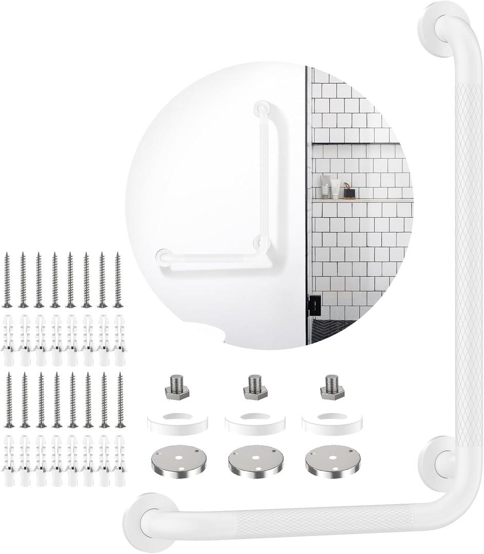 White Angled Grab Bar 16x24 Inch, iHansee Anti-Slip Bathroom Safety Bar w/Knurled Grip, Wall Mounted L-Shaped Shower Handle for Elderly Senior Handicap, Toilet Bathtub Balance Support Handrail