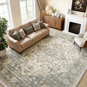 9x12 Area Rugs for Living Room, Machine Washable Boho Vintage Rug, Waterproof Surface & Non-Slip Backing, Foldable Soft Low Pile Floral Medallion Carpet for Bedroom Dining Room