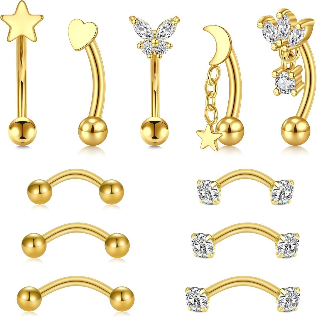 VCMART 16g Rook Earring Piercing Jewelry Stainless Steel Curved Barbell Eyebrow Rings Piercing Jewelry Vertical Labret Lip Jewelry Ear Rook Daith Surface Tragus Small Belly Button Ring for Women Men (B1 -gold)