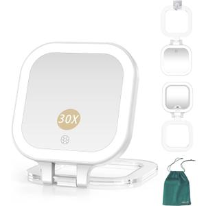 Mocado Compact Travel Makeup Mirror, 1X/30X Magnifying Mirror with Light, Double Sides Compact Mirror with 3 Color Light, Dimmable Handheld Mirror, Rechargeable Travel for Purse,Pocket (White)