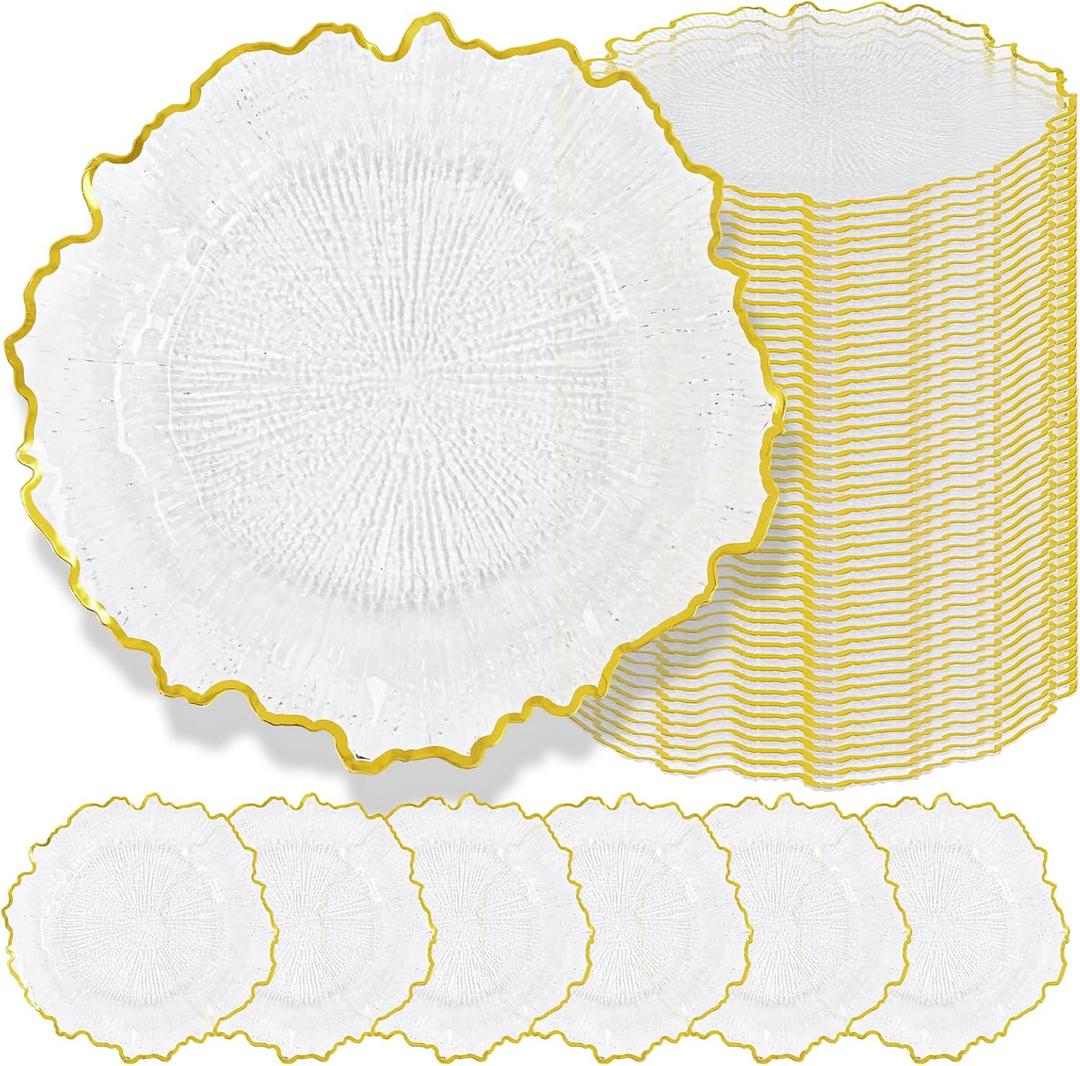 50 Pcs Clear Charger Plates Bulk 13 Inch Plastic Charger Plates for Dinner Plate, Clear with Gold Rim Chargers for Table Setting, Reef Design Plate Floral Decor Round Chargers for Wedding Party Event