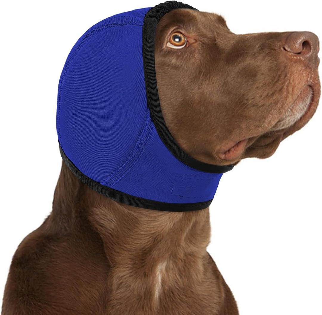 KOESON Dog Calming Hoodie - No Shake Ear Wraps for Dogs, Anxiety Relief & Noise Protection, Water Resistant Pet Ear Cover Muffs for Thunderstorms, Swimming, Firework, Grooming, Bathing (Royal Blue, M)