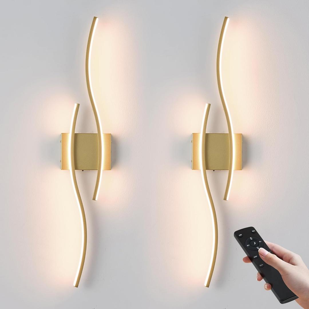 Battery Operated Wall Sconces Set of Two with Remote Control, Dimmable/3 Colors/Night-Light/Timer/Memory, Gold Modern Wireless LED Sconce for Living Room, Hallway, Bedroom, 27.5 Inch (2 Pack)