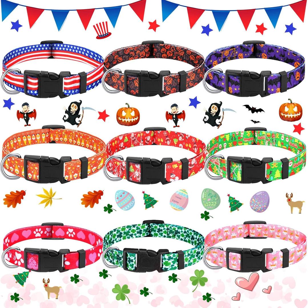 Buryeah 9 Pcs Holiday Dog Collars Easter Day Independence Day Dog Collars Adjustable Plastic Pet Buckle for Puppy(Medium)