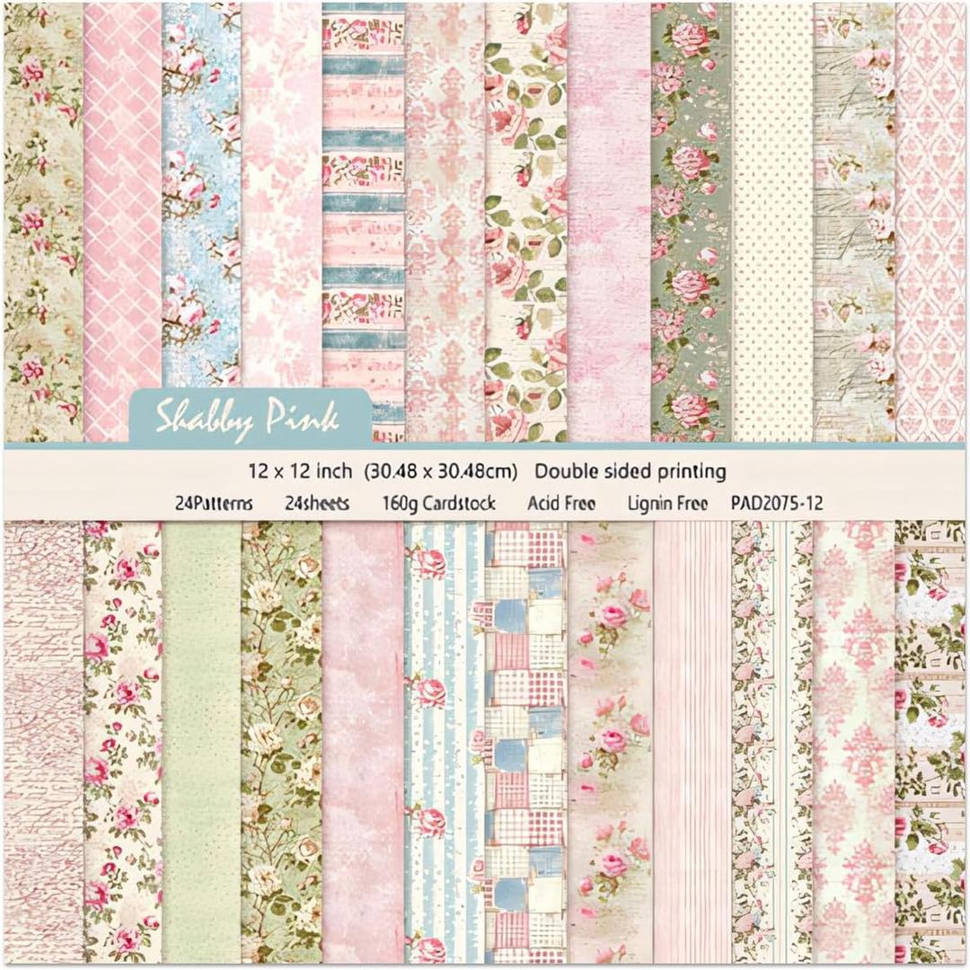 Scrapbook Paper Pad 1212,Floral Double-Sided Pattern Designer Planner Junk Journal Decorative Craft Paper,Card Making Journaling Origami Decopage Scrapbooking Supplies, 24 Sheets (Pink Flower)