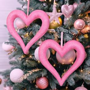 Syhood 2 Pcs 10'' Large Valentine's Day Heart Tree Ornaments 3D Heart Valentine Ornaments Glitter Tree Decor Wreath for Front Door Wall Mantel Party Decor (Pink)