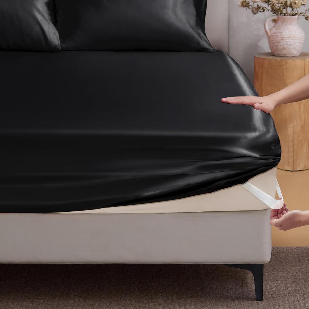 BEDELITE Satin Fitted Sheet King Size with Elastic Corner Straps, Luxury Soft Silk-Like Bed Sheet for Hair & Skin, 1 Deep Pocket Fitted Sheet Only Fits 15" Mattress, Fade & Wrinkle Resistant, Black