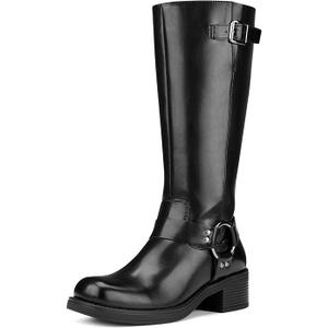ZURIN Women's Knee High Boots Fashion Buckle Riding Boots Square Toe Chunky Block Heel Vintage Biker Motorcycle Boots for Women, Size 7