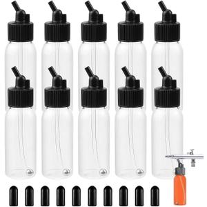 10 Pack Airbrush Bottles 30ml (1oz), Plastic Siphon Feed Jars with Lids & Adapter, Empty Paint Storage Containers Compatible with Dual-Action Suction Feed Airbrushes (Standard 30 Angle)
