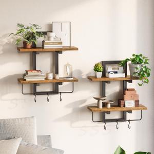 Creso hom Floating Shelves for Wall Set of 2, Wood Wall Shelf with 6 Hooks, 2 Tier Hanging Decorative Storage Shelves for Living Room Bedroom Bathroom Kitchen Office Coffee Bar, Black