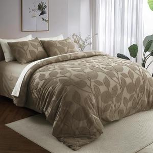 Brown Duvet Cover King Size - 3 Pieces Shabby Chic Tufted Leaf Bedding Set, Includes 1 Duvet Cover 104x90 Inches with 8 Corner Ties & 7 Buttons, 2 Pillow Shams, Boho Home Bedding