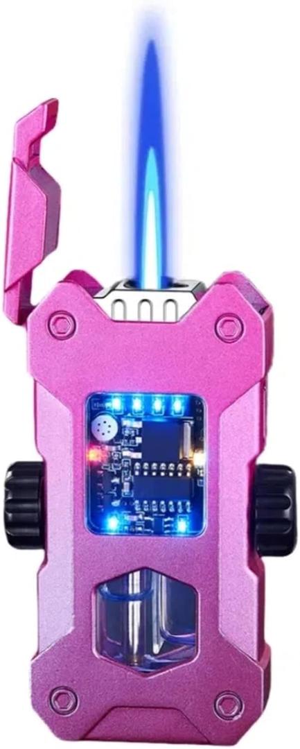 Smart Butane Torch Lighter, Voice-Activated Windproof Refillable Lighters with 4 Ignition Options, Spinner Mecha Design with Dazzling Color Breathing Lights (Fuel Not Included) (Pink Gradient)