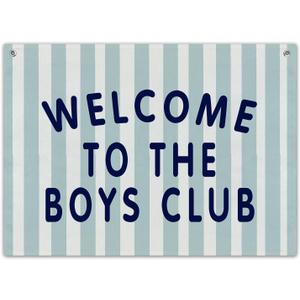 Boys Playroom Decor, Welcome To The Boys Club Linen Canvas Banner, Blue Striped Wall Hanging Flag for Toddler Room Nursery Classroom, 20x30 Inch -A21