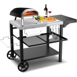 Outdoor Kitchen Island, Grill Table Cart with Drawer, Pizza Oven Stand, Movable 3-Shelf Prep Table with Side Table for Ninja Woodfire, Ooni Pizza Oven, Blackstone Griddle, Cuisinart, Barbecue tool set