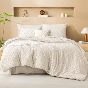 Litanika Beige Queen Size Comforter Set with Sheets - 7 Pieces Bed in a Bag Queen Boho Tufted Complete Bedding Sets with Comforter, Sheets, Pillowcases & Shams (Queen (90"x90"))