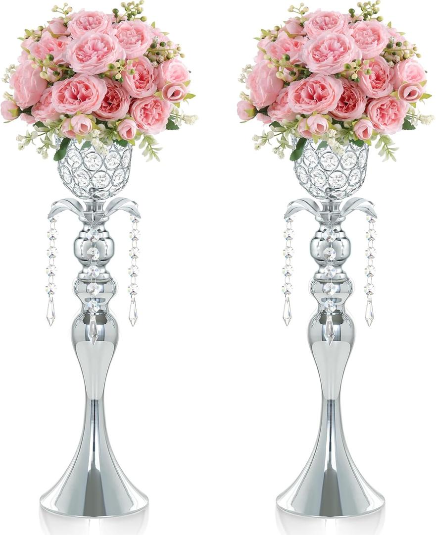 2Pcs Silver Crystal Metal Vase Set - Tulip & Trumpet Wedding Centerpieces, Artificial Flower Arrangement Vases for Home Decor, Restaurant Table Displays