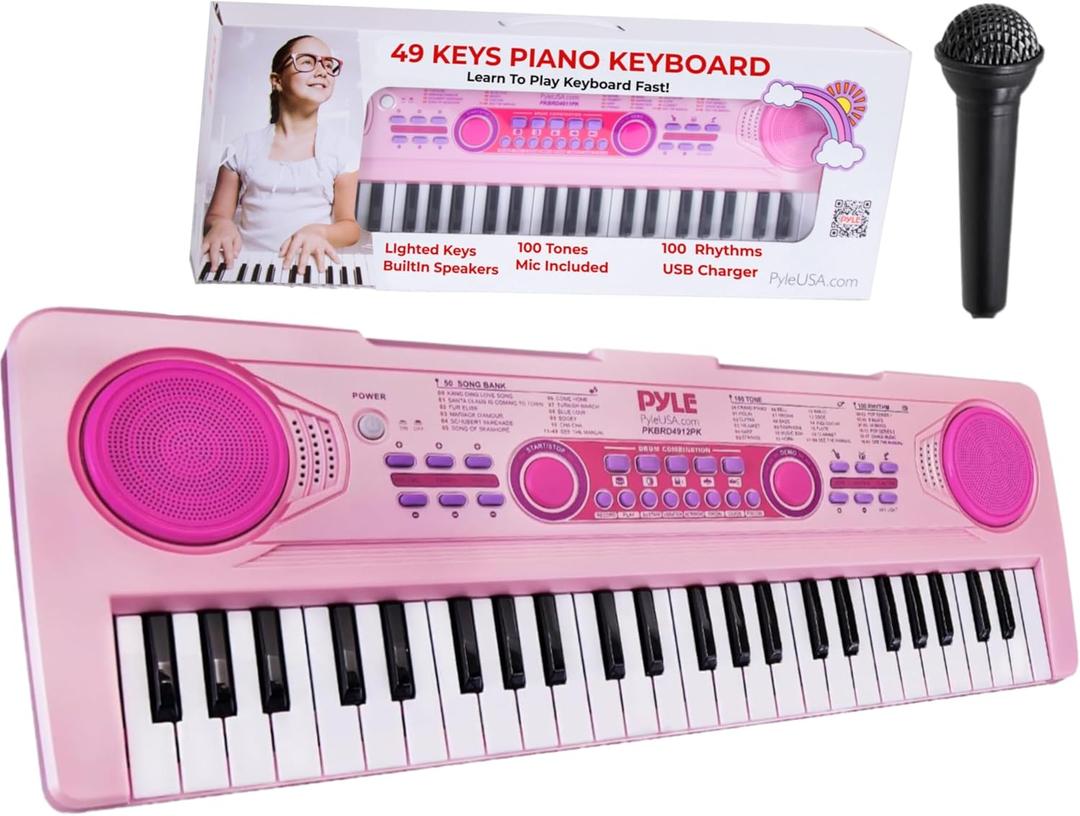 Pyle Electric Keyboard 49 Keys  Portable Digital Piano with 100 Rhythms, 100 Tones, 50 Demo Songs, Rechargeable Battery, Wired Microphone  Beginner Keyboard for Kids and Adults, Pink (PKBRD4912PK.3)