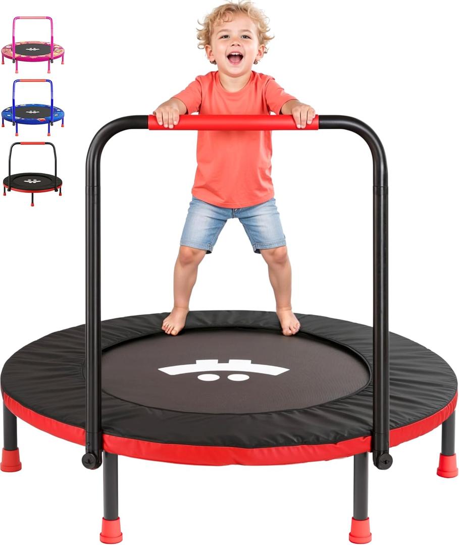 Happin 36" Mini Foldable Toddler Trampoline for Kids with Height-Adjustable Handle, Noise-Free Kids Trampoline Indoor with Super Safety Pad & Durable Steel Frame, Indoor/Outdoor (Black and Red)