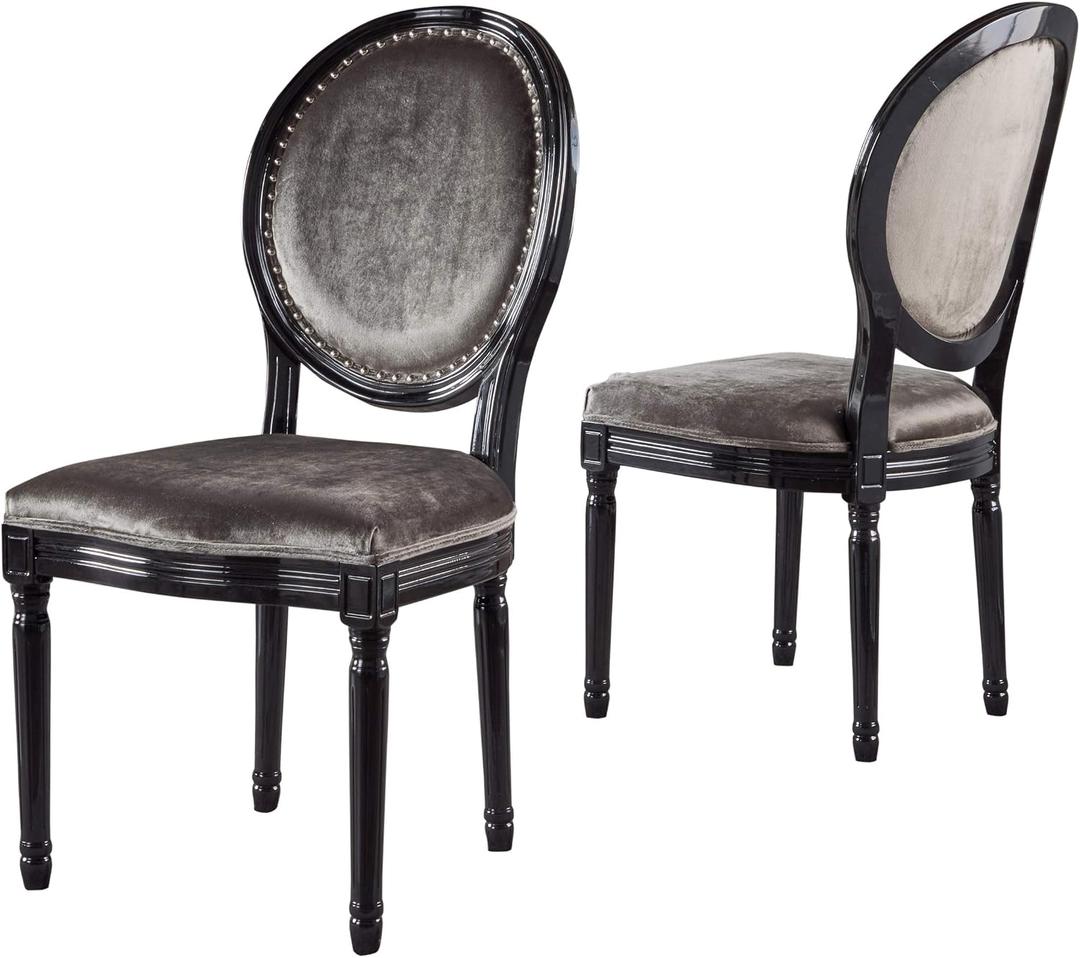 Christopher Knight Home Leroy Traditional Velvet Dining Chairs with Gloss Black Finished Legs, 2-Pcs Set, Grey / Gloss Black