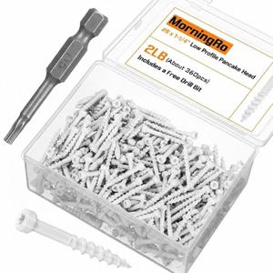 #8 x 1-1/4" (Approx. 360 Pcs) White Trim Screws 2 lb Box, Durable Wood Screws, Serrated Thread for Secure Fastening, Avoid Cam Out, with a Drill Bit